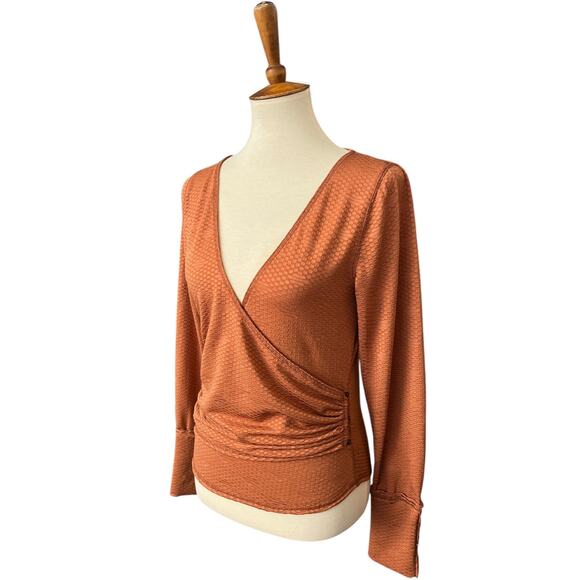 Free People Long Sleeve Crossover Button Gathered Orange Penny Top Size Large - Picture 4 of 8